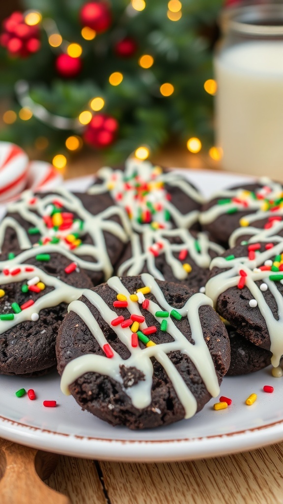 A decorative plate of Oreo Christmas cookies with sprinkles and white chocolate drizzle, set against a festive holiday backdrop.